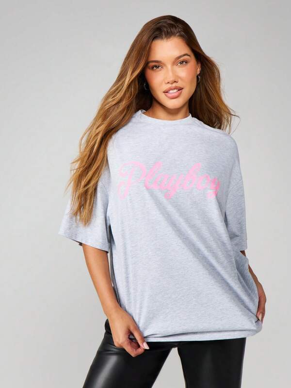 Missguided X Playboy Oversized Crew Neck Graphic T-Shirt With Bunny Logo