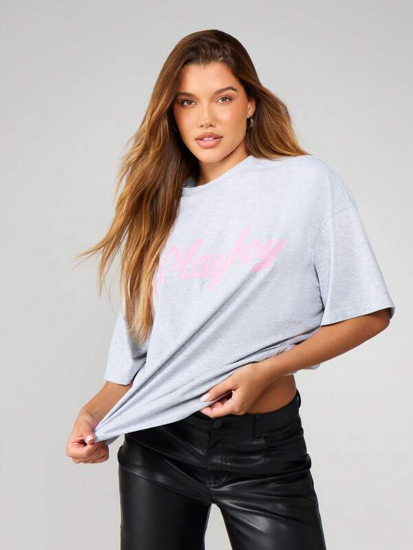 Missguided X Playboy Oversized Crew Neck Graphic T-Shirt With Bunny Logo