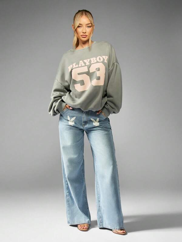 Missguided X Playboy Oversized Crewneck Number French Terry Cotton Blend Pullover