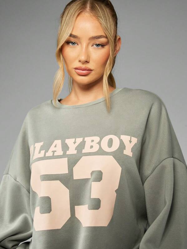 Missguided X Playboy Oversized Crewneck Number French Terry Cotton Blend Pullover