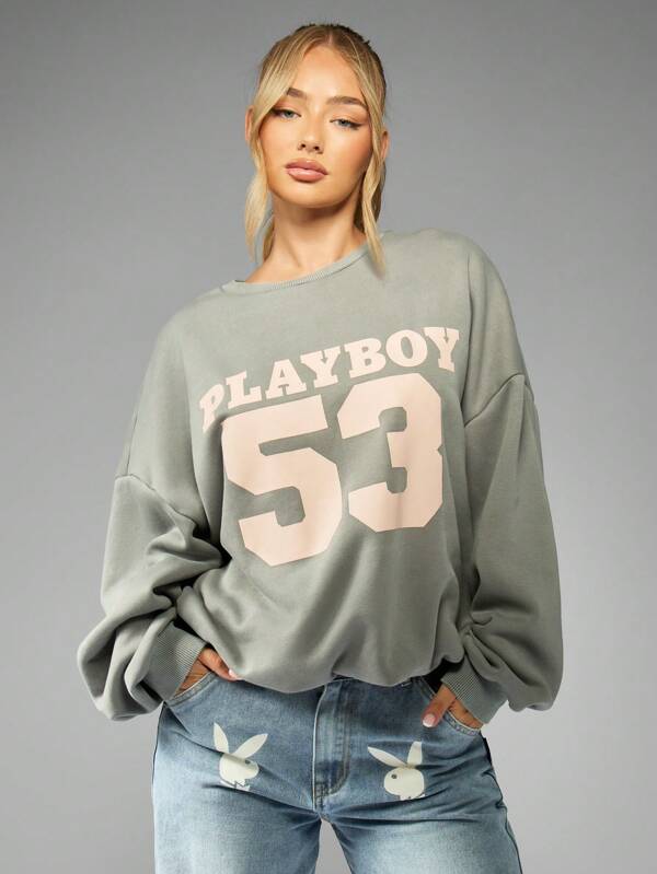 Missguided x Playboy Oversized Crewneck Number French Terry Cotton Blend Pullover