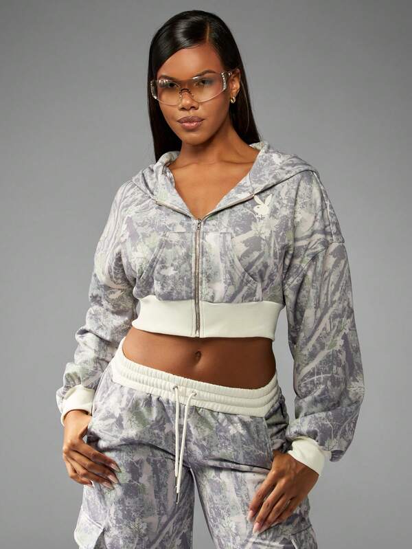 Missguided X Playboy Oversized Crop Hoodie With Camo Print