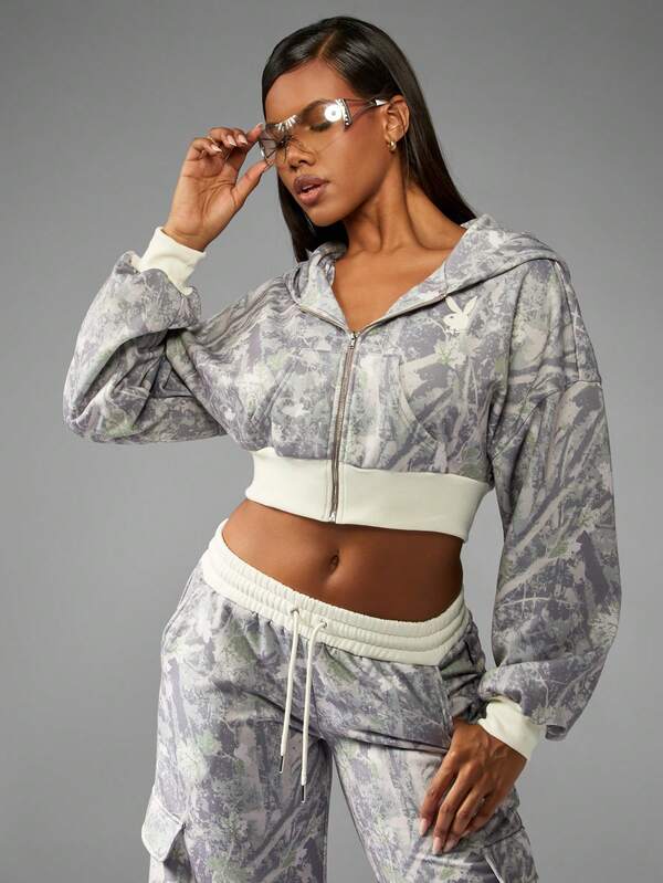 Missguided x Playboy Oversized Crop Hoodie With Camo Print