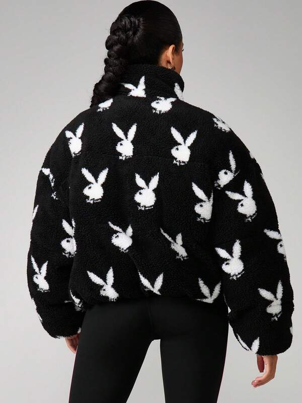 Missguided X Playboy Oversized Crop Puffer Jacket With Bunny Print