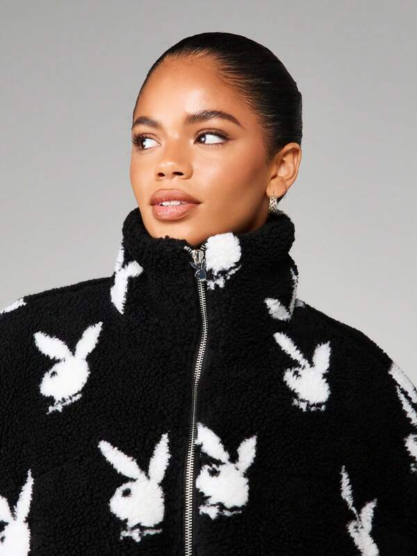 Missguided X Playboy Oversized Crop Puffer Jacket With Bunny Print
