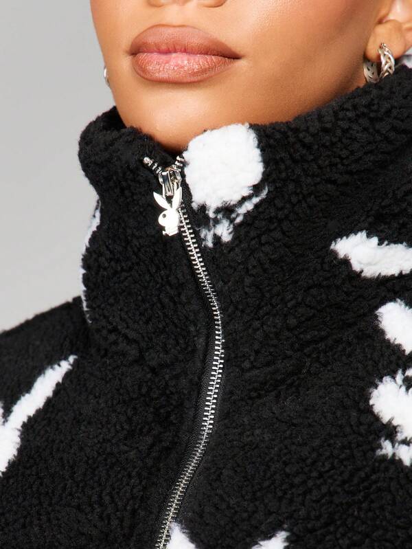 Missguided X Playboy Oversized Crop Puffer Jacket With Bunny Print