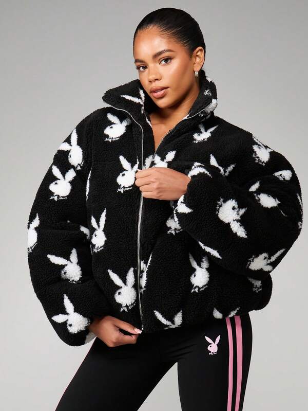 Missguided X Playboy Oversized Crop Puffer Jacket With Bunny Print