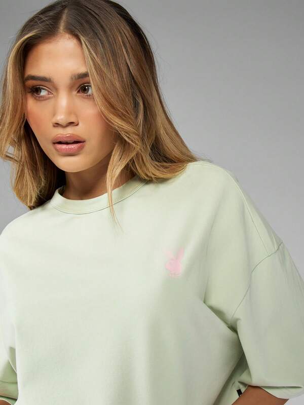 Missguided X Playboy Oversized Crop Short Sleeve Basic Tee