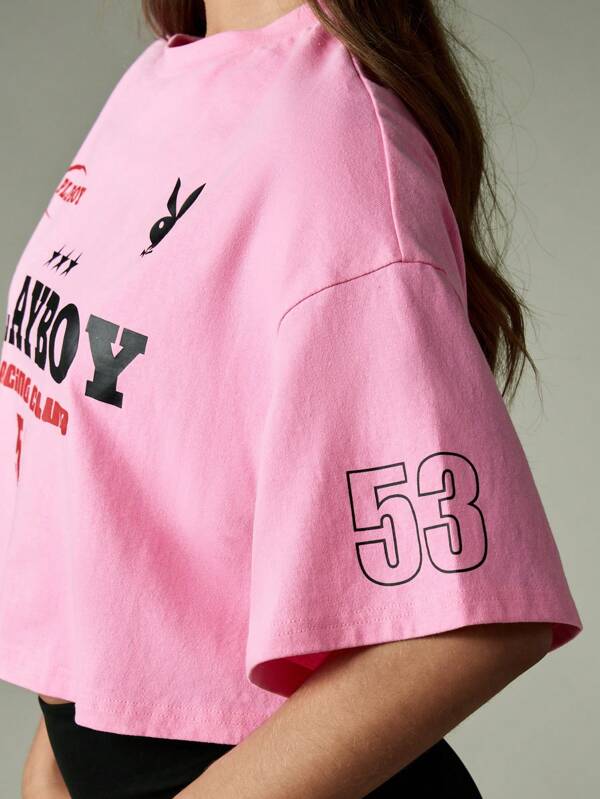 Missguided X Playboy Oversized Cropped Racing Club T Shirt With Bunny Logo Print