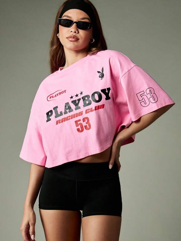 Missguided x Playboy Oversized Cropped Racing Club T Shirt With Bunny Logo Print