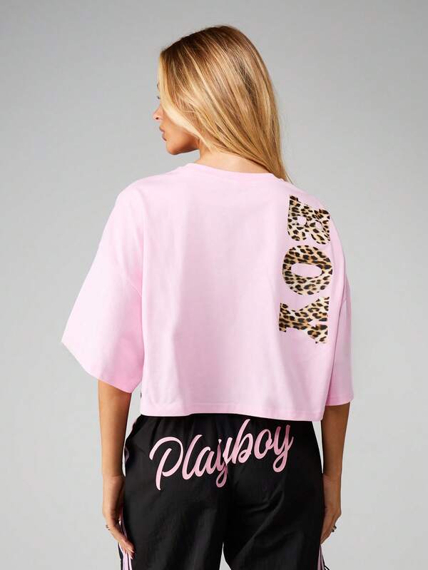 Missguided X Playboy Oversized Cropped Tee With Leopard Print