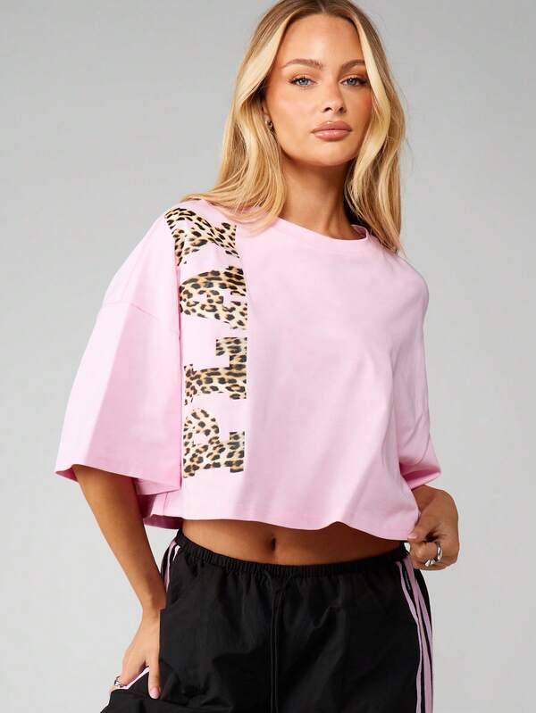 Missguided x Playboy Oversized Cropped Tee With Leopard Print