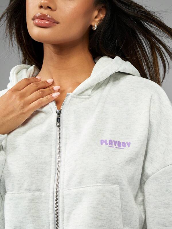 Missguided X Playboy Oversized Cropped Zip Hoodie Athleisure Streetwear