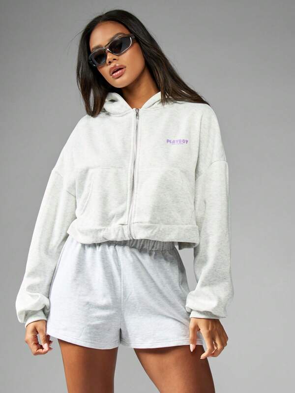 Missguided x Playboy Oversized Cropped Zip Hoodie Athleisure Streetwear