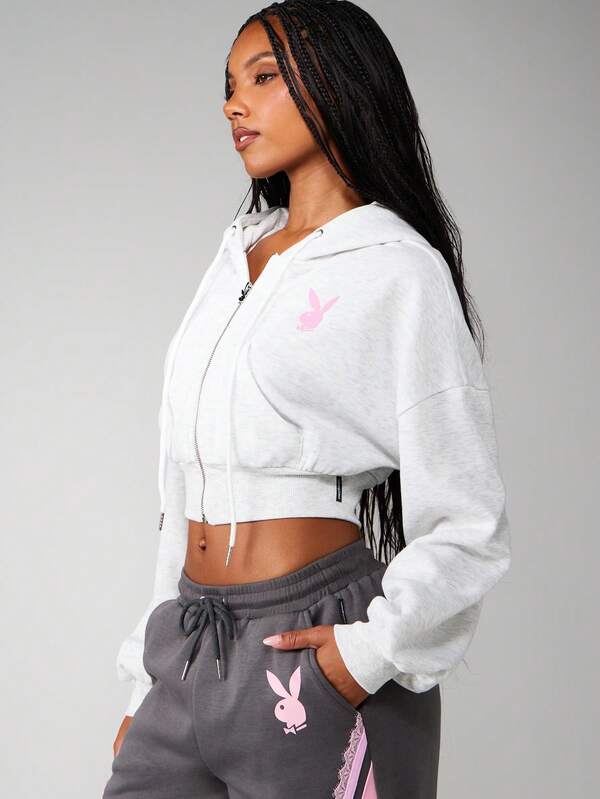 Missguided X Playboy Oversized Cropped Zip Up Hoodie