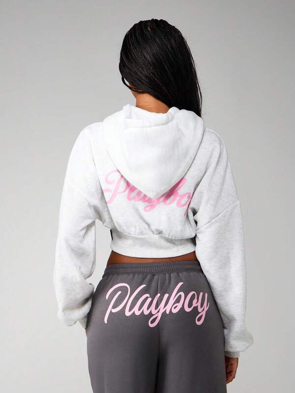 Missguided X Playboy Oversized Cropped Zip Up Hoodie