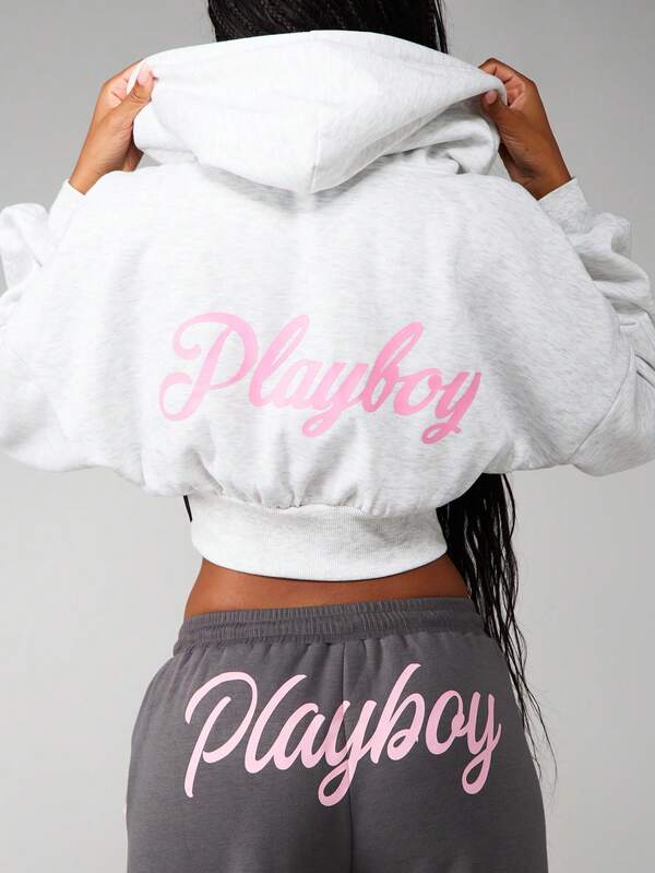 Missguided x Playboy Oversized Cropped Zip Up Hoodie