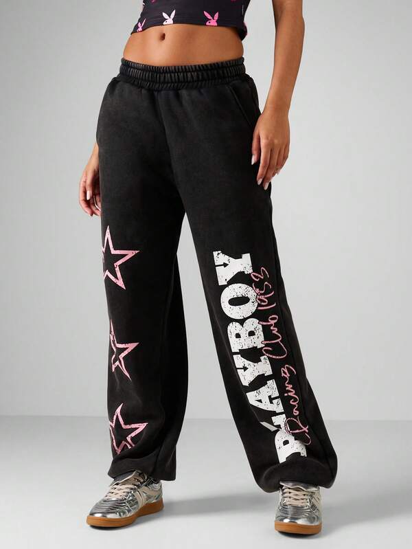 Missguided X Playboy Oversized Cuffed Joggers With Bunny Print