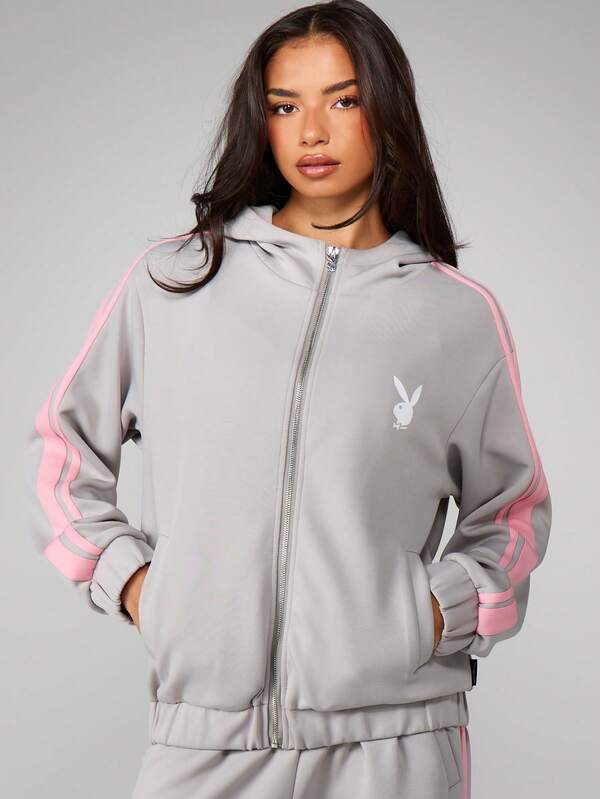 Missguided X Playboy Oversized Full Zip Hooded Sweatshirt With Stripes