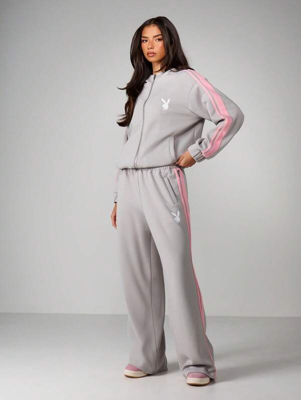 Missguided X Playboy Oversized Full Zip Hooded Sweatshirt With Stripes