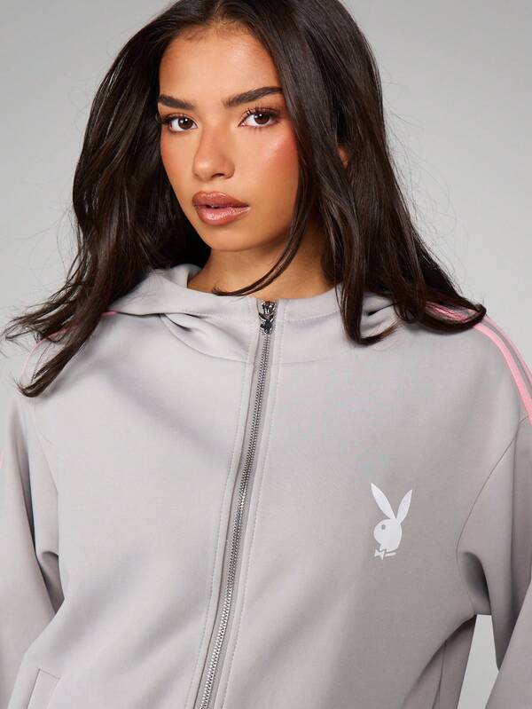 Missguided X Playboy Oversized Full Zip Hooded Sweatshirt With Stripes