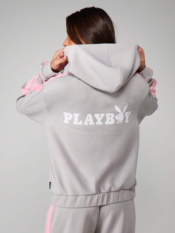 Missguided x Playboy Oversized Full Zip Hooded Sweatshirt With Stripes