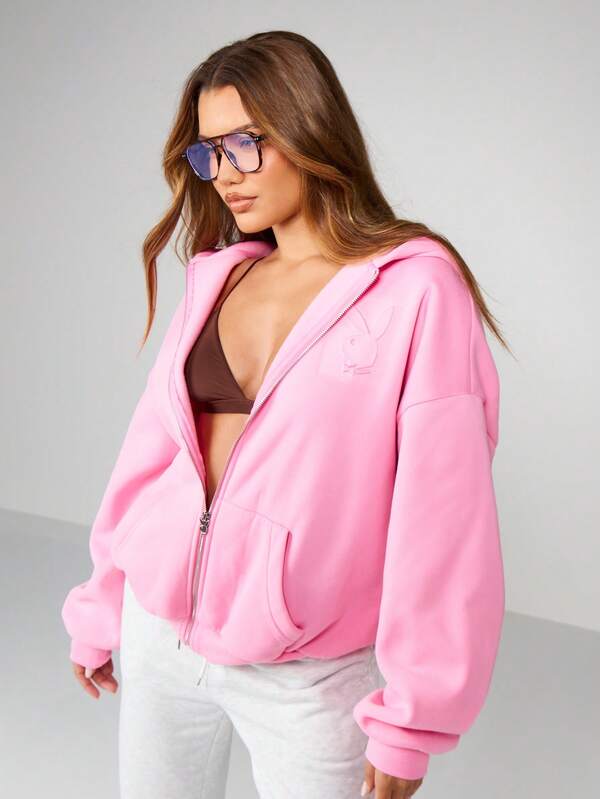 Missguided X Playboy Oversized Full Zip Hoodie With Drawstring