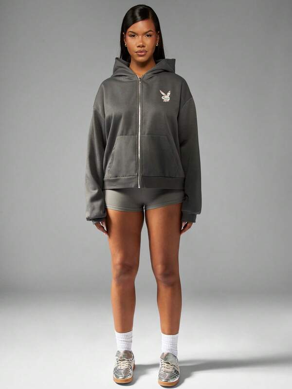 Missguided X Playboy Oversized Full Zip Hoodie With Camo Logo Applique
