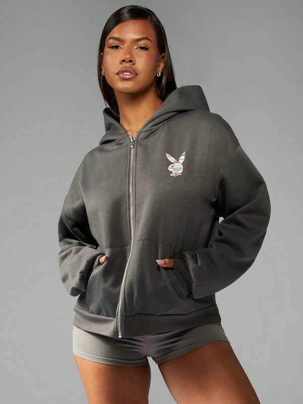 Missguided X Playboy Oversized Full Zip Hoodie With Camo Logo Applique