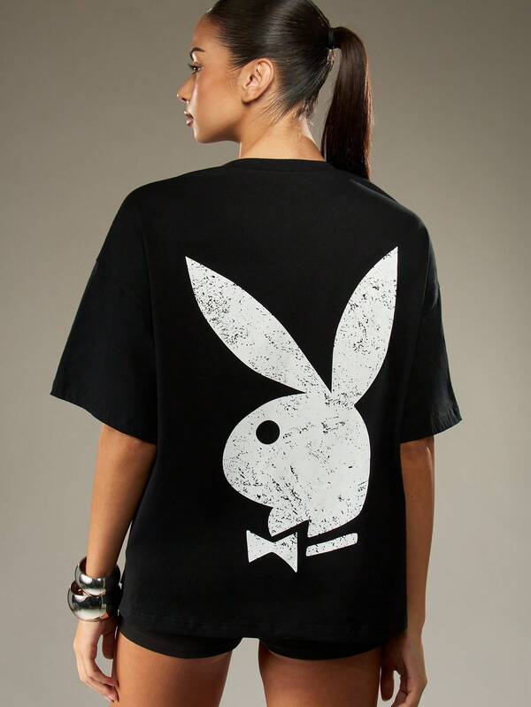 Missguided X Playboy Oversized Graphic Crew Neck Tee With Logo Print