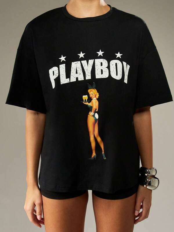 Missguided X Playboy Oversized Graphic Crew Neck Tee With Logo Print