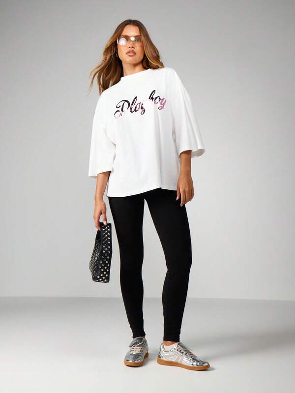 Missguided X Playboy Oversized Graphic Crew Neck Tee