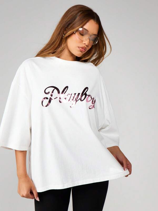 Missguided X Playboy Oversized Graphic Crew Neck Tee