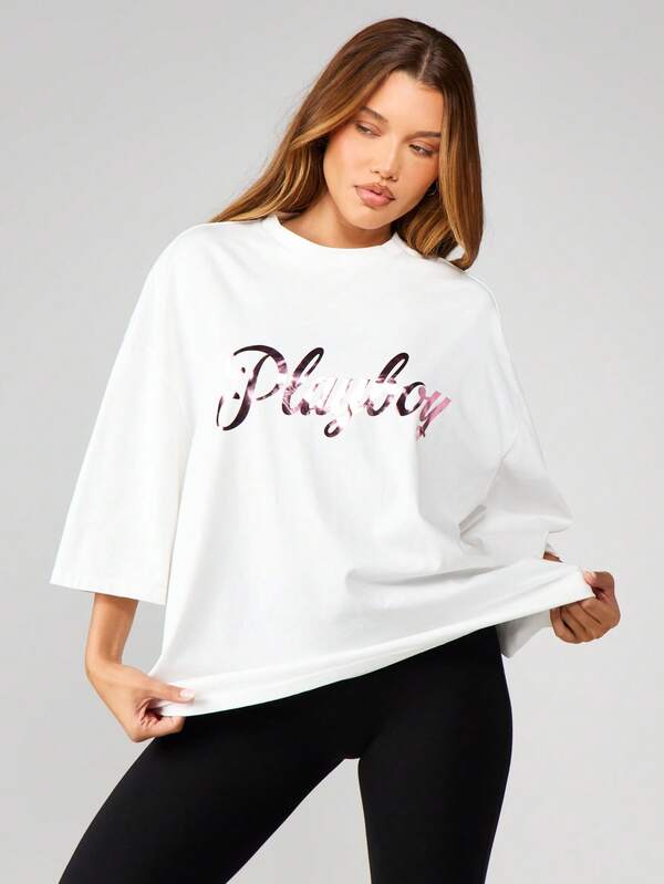 Missguided x Playboy Oversized Graphic Crew Neck Tee