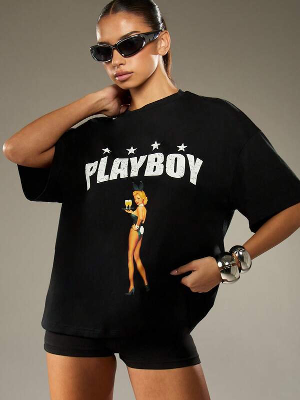 Missguided x Playboy Oversized Graphic Crew Neck Tee With Logo Print