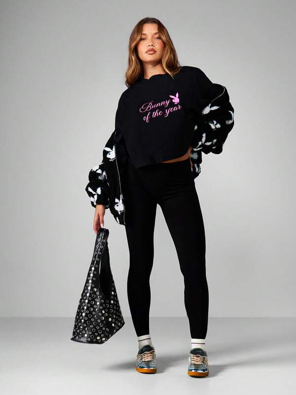 Missguided X Playboy Oversized Graphic Crop Top With Text Design