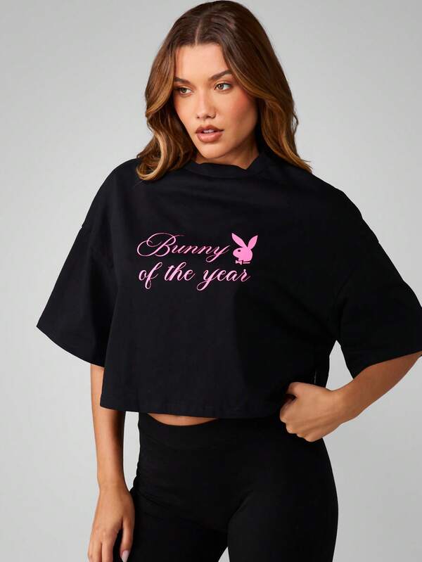 Missguided X Playboy Oversized Graphic Crop Top With Text Design