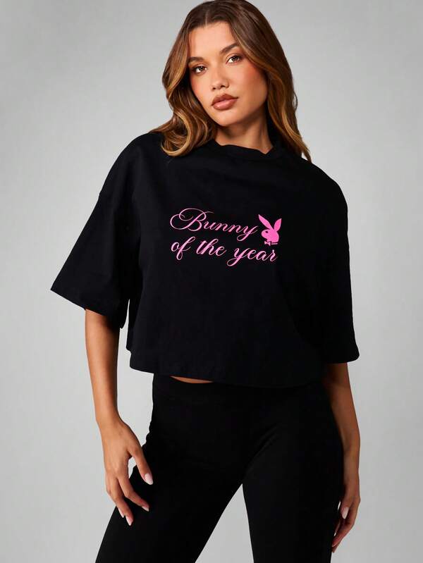 Missguided x Playboy Oversized Graphic Crop Top With Text Design