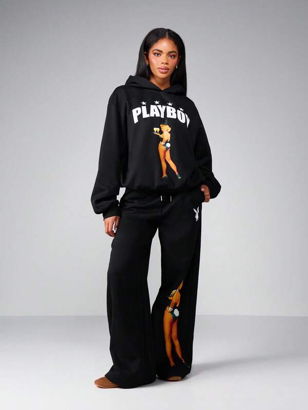Missguided X Playboy Oversized Graphic Hoodie With Front And Back Print