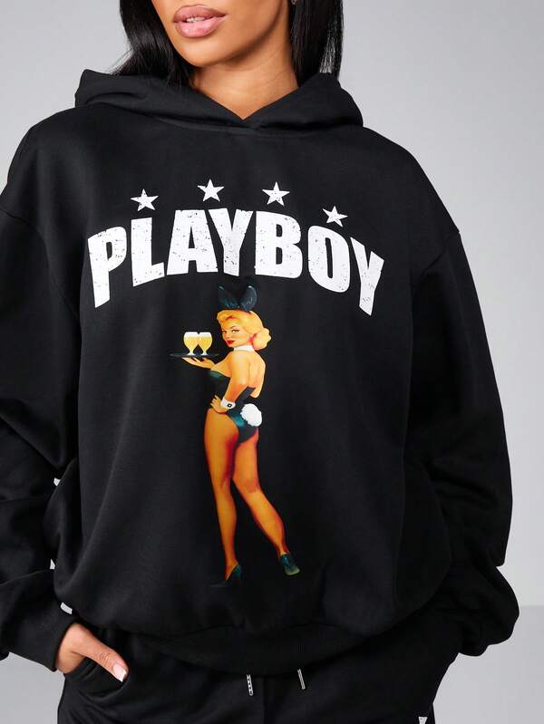 Missguided X Playboy Oversized Graphic Hoodie With Front And Back Print