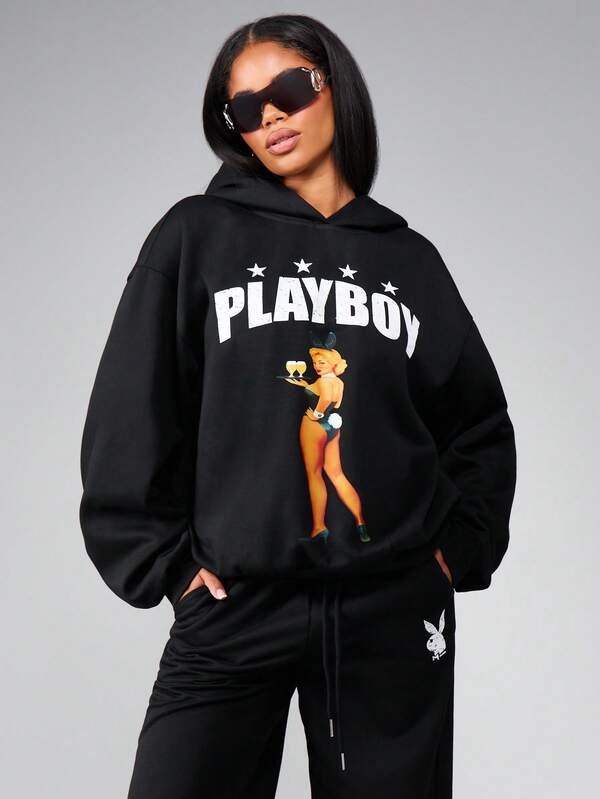 Missguided X Playboy Oversized Graphic Hoodie With Front And Back Print
