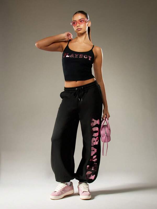 Missguided X Playboy Oversized Graphic Joggers With Camo Print