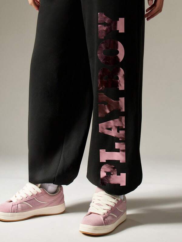 Missguided X Playboy Oversized Graphic Joggers With Camo Print