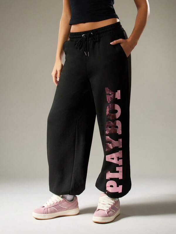 Missguided x Playboy Oversized Graphic Joggers With Camo Print