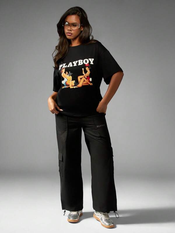 Missguided X Playboy Oversized Graphic Print T-Shirt With Pin Up Art