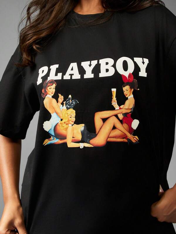 Missguided X Playboy Oversized Graphic Print T-Shirt With Pin Up Art