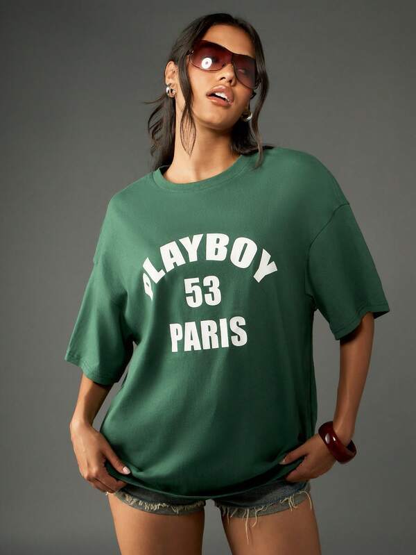 Missguided X Playboy Oversized Graphic T-Shirt With Collegiate Print