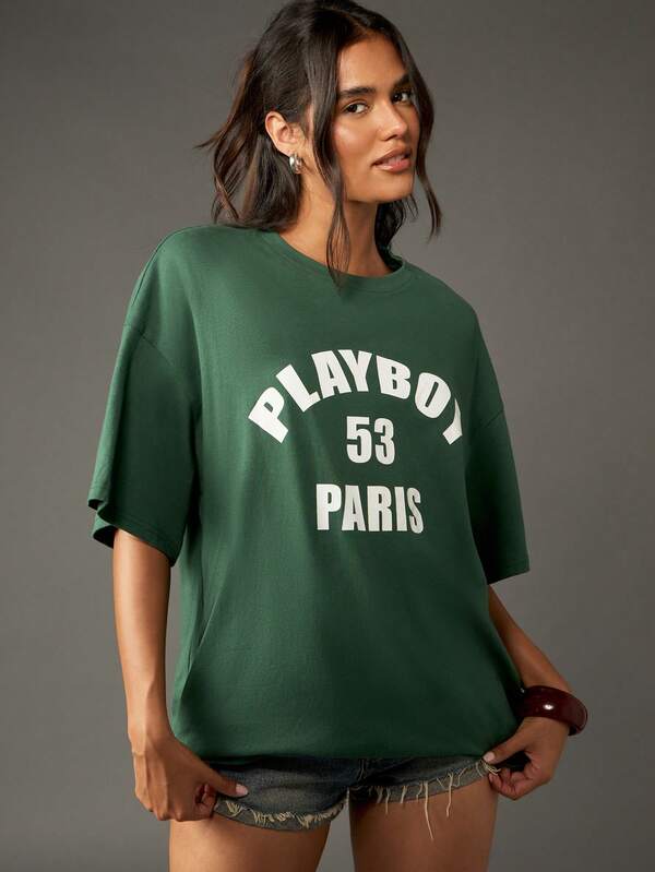 Missguided x Playboy Oversized Graphic T-Shirt With Collegiate Print