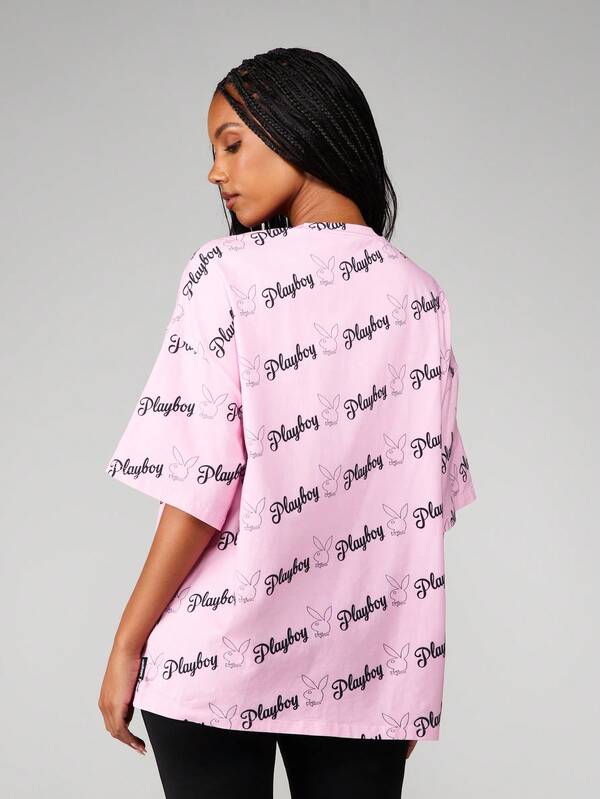 Missguided X Playboy Oversized Graphic Tee With All Over Print