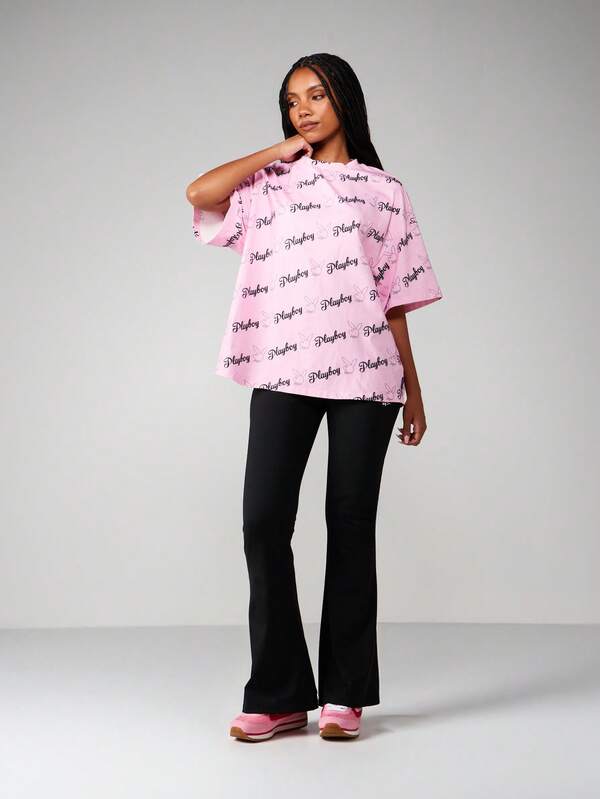 Missguided X Playboy Oversized Graphic Tee With All Over Print